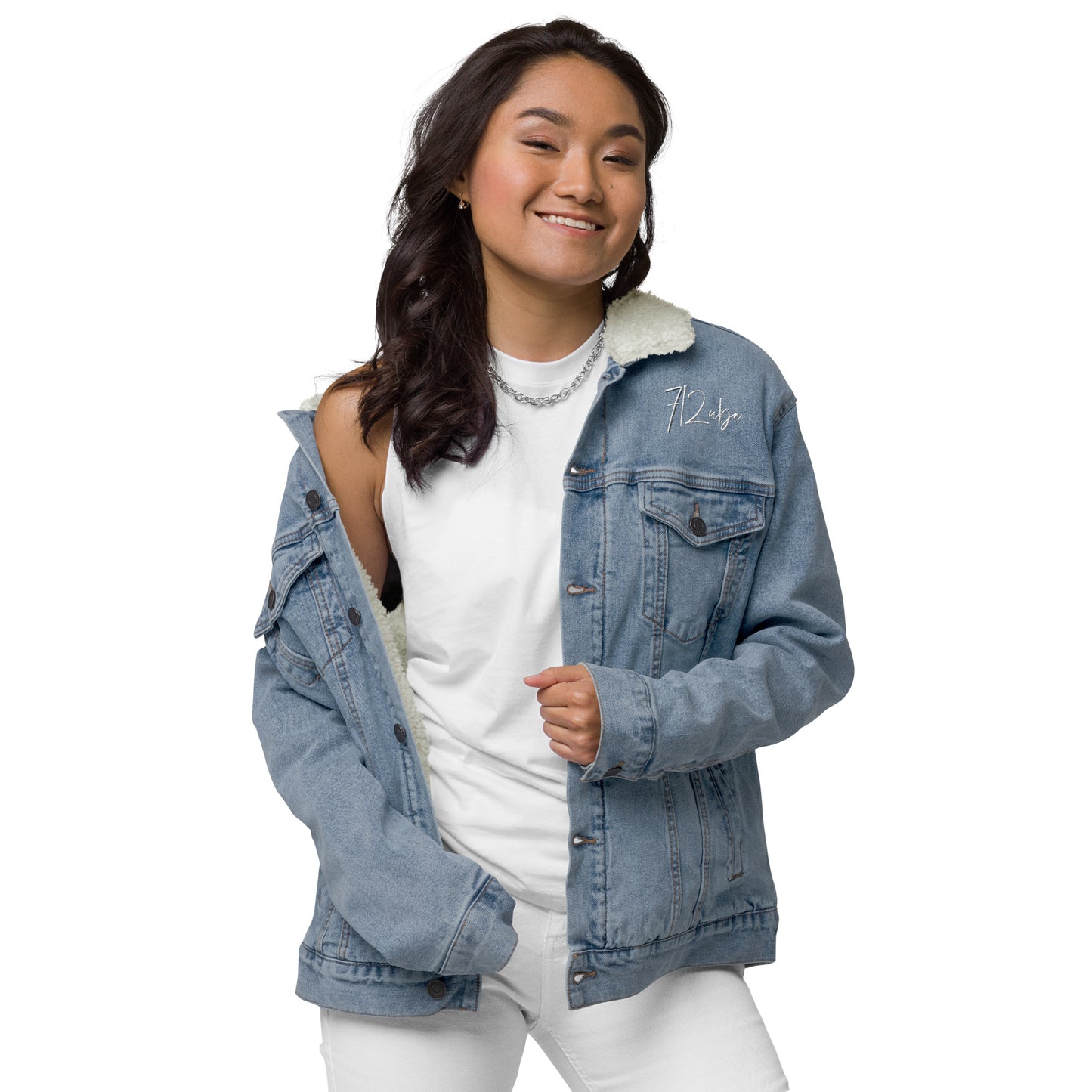 712ube Signature Series Embroidered Unisex Denim Sherpa Jacket (Blue Denim)