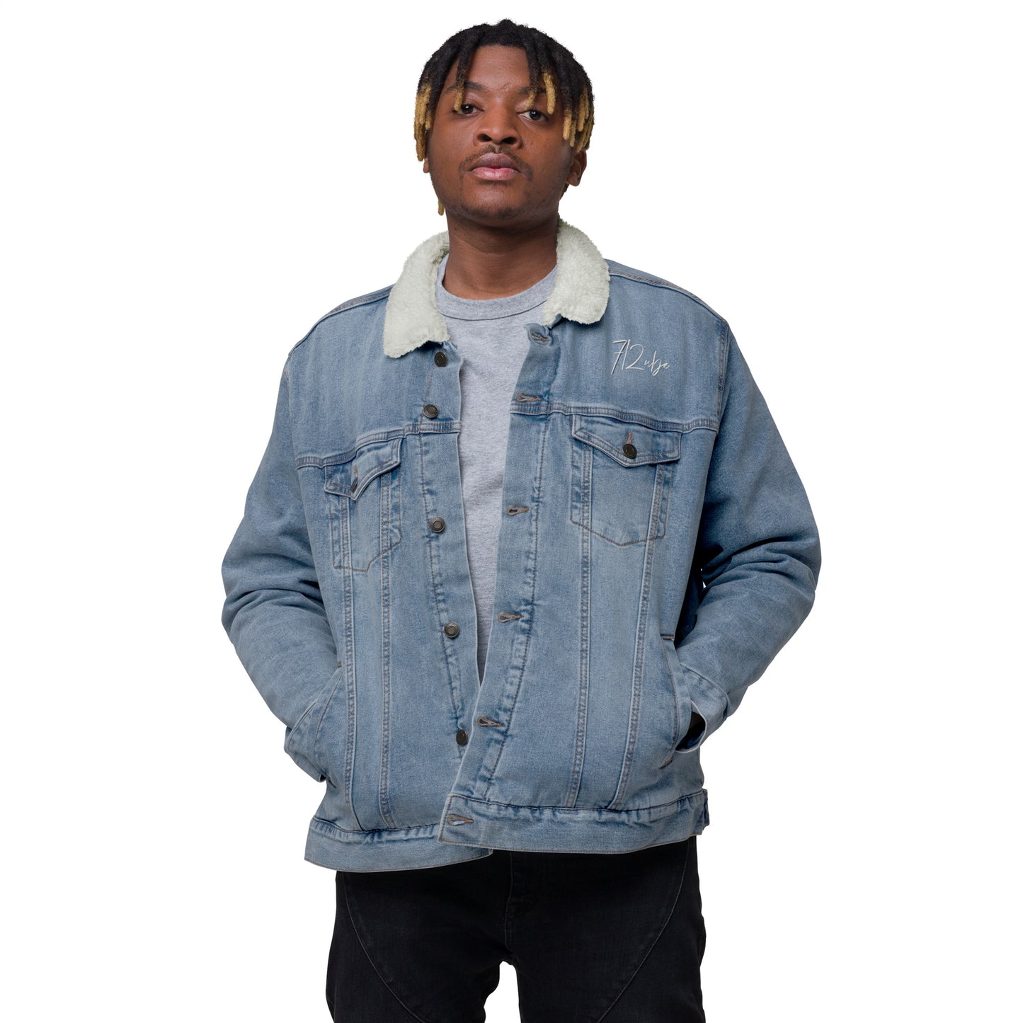 712ube Signature Series Embroidered Unisex Denim Sherpa Jacket (Blue Denim)