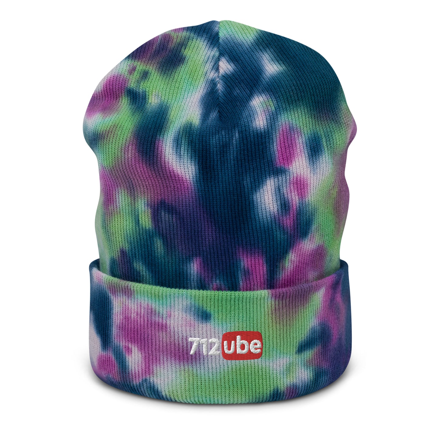 712ube Embroidered Tie-Dye Beanie (White Lettering)